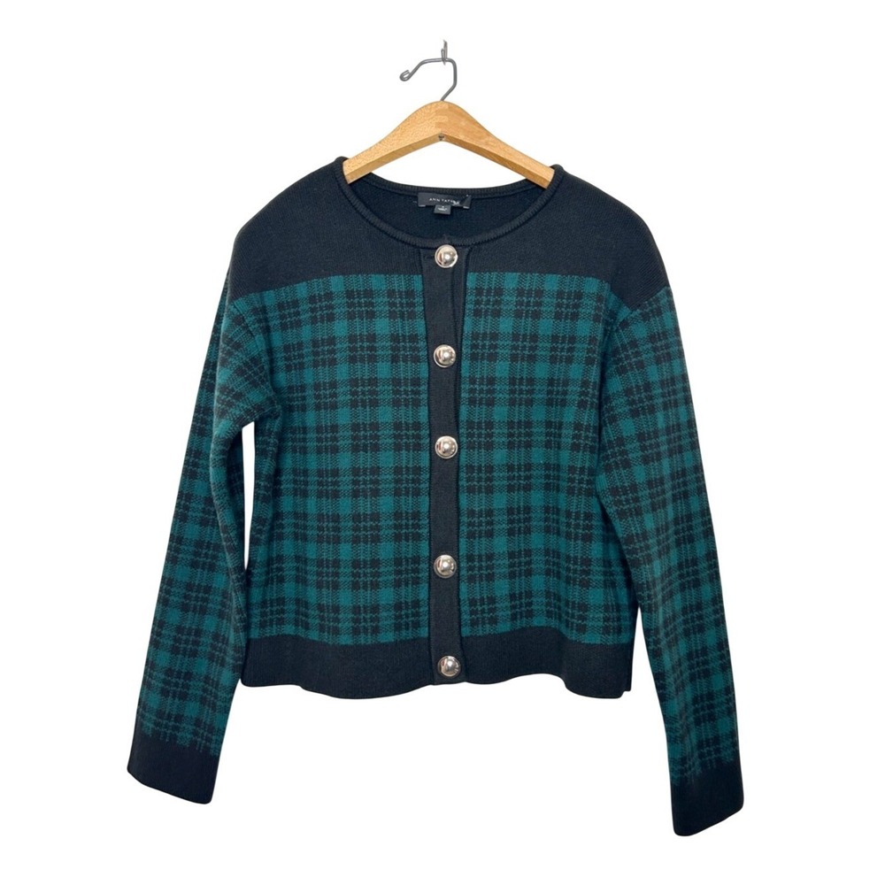 Ann Taylor Preppy Contemporary Plaid Knit Cardigan Sweater Medium‎ M